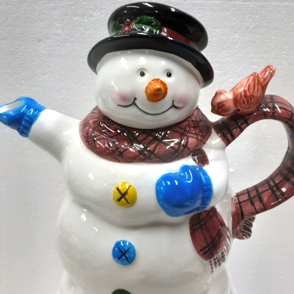 Vintage Happy Snowman With Bird Plaid Scarf Ceramic Teapot Potter & Smith - Picture 2 of 10